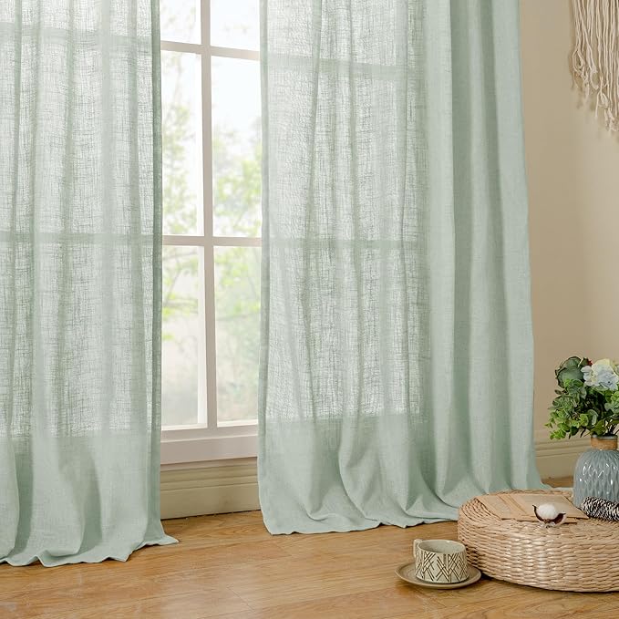 LAMIT Light Sage Linen Curtains 84 inch Length 2 Panels Set, Linen Textured Light Filtering Drapes Bronze Grommet Boho Burlap Panels for Bedroom/Living Room, 52 x 84 Inch