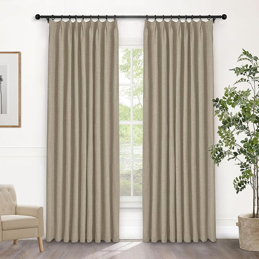 Macochico 100% Blackout Light Khaki Linen Curtains 84 Inches Long Pinch Pleated Burlap Curtains for Bedroom Living Room Farmhouse Nursery Thermal Window Panels with Tieback 72”Wx84”L 1 Panel