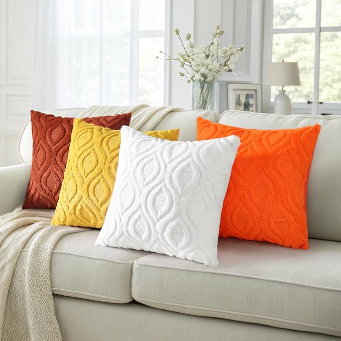 decorUhome Throw Pillow Covers 24x24 Inch Set of 2, Soft Plush Decorative Faux Fur Mustard Yellow Solid Couch Pillow Covers, Accent Farmhouse Neutral Square Euro Pillow Cases for Sofa Bed Living Room