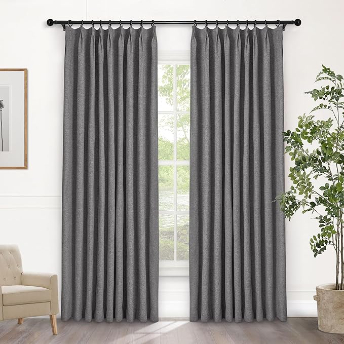 Macochico 100% Blackout Gray Linen Curtains 84 Inches Long Pinch Pleated Burlap Curtains for Bedroom Living Room Farmhouse Nursery Thermal Window Panels with Tieback 72”Wx84”L 1 Panel