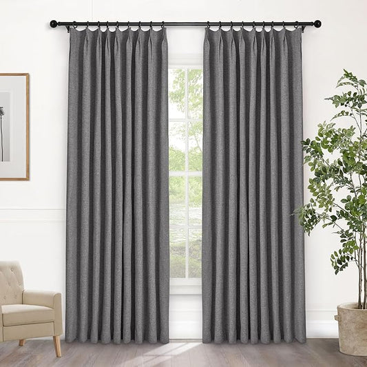 Macochico 100% Blackout Gray Linen Curtains 84 Inches Long Pinch Pleated Burlap Curtains for Bedroom Living Room Farmhouse Nursery Thermal Window Panels with Tieback 72”Wx84”L 1 Panel
