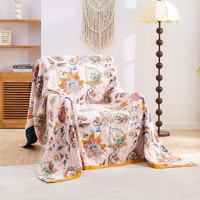 Boho Throw Blanket for Bed, 100% Cotton Soft Rustic Quilt Fall Blanket, 90"x98" Floral Printed Farmhouse Decor Bed Blankets, All Season Rustic Reversible Bohemian Throw Quilt