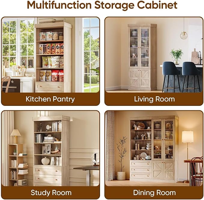 Vyre 71" Tall Farmhouse Bookshelves with Drawers, Set of 4 – Large Modular Bookcase with Adjustable Shelves, Storage Cabinet for Living Room, Kitchen, Home Office, Brown