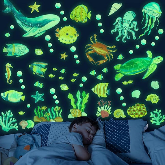 Ocean Fish Wall Decals Glow in The Dark, Removable Sea Turtle Wall Stickers, Luminous Wall Decor for Nursery Playroom Bedroom, Birthday Christmas Gift Decoration