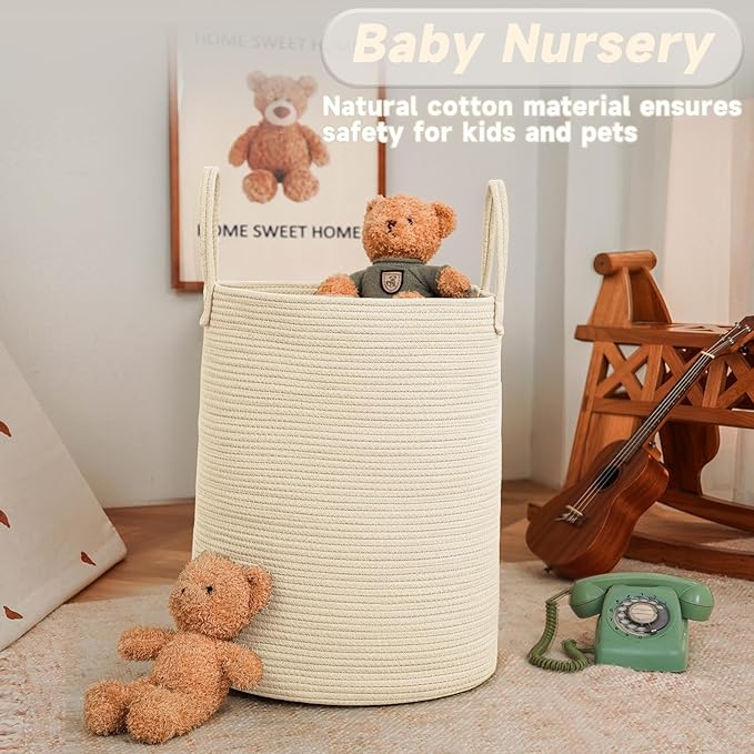 Large Woven Laundry Basket Hamper,60L Cotton Rope Storage Bin for Blankets,Toys and Clothes,Decorative Tall Nursery Hamper for Living Room,Baby Nursery,Bathroom and Bedroom,Beige