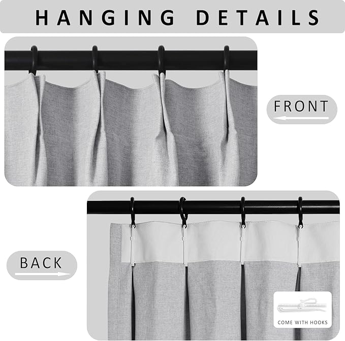 Macochico 120”Wx102”L 100% Blackout Linen Curtains Pinch Pleated Thermal Panels for Sliding Door Bedroom Living Room Farmhouse Shabby Chic Silver Grey Burlap Curtains with Tieback 1 Panel