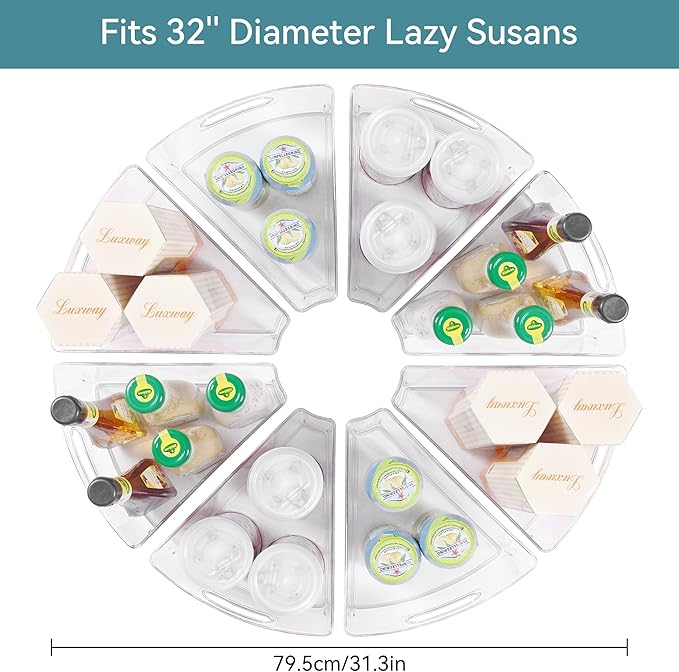 Oubonun Lazy Susan Organizers Set of 8, 12.8’’ x 11.7’’ x 4’’ Plastic Transparent Kitchen Cabinet Storage Bins with Handle, 4" Deep Container, 1/8 Wedge - Food Safe, without BPA