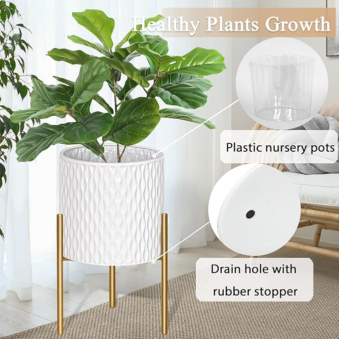 ARNIS Plants Pots with Stand, Set of 2 P lanters, Unique Mid Century Decorative Metal Flower Pots with Drainage, 8.25 & 10.5 Inch, White and Gold