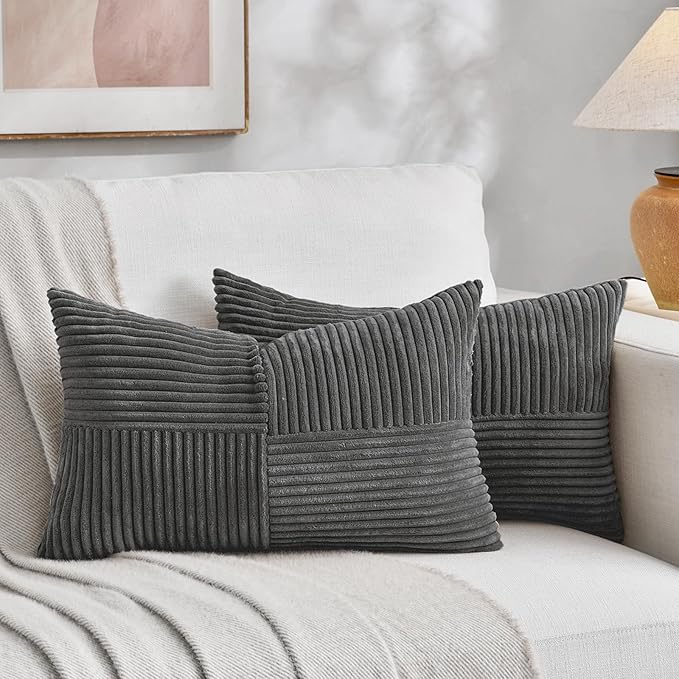 Fancy Homi 2 Packs Dark Gray Lumbar Decorative Throw Pillow Covers 14x24 Inch for Living Room Couch Bed Sofa, Farmhouse Home Decor, Soft Striped Corduroy Rectangle Accent Cushion Case 35x60 cm