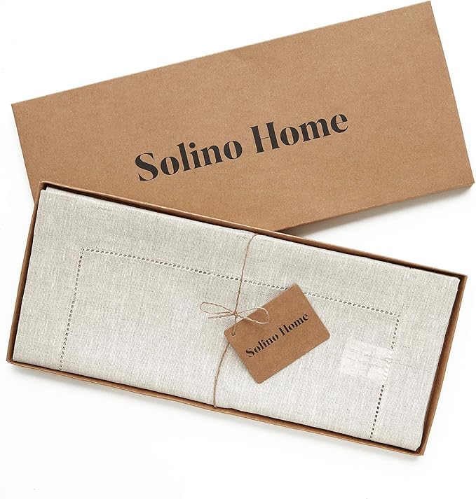 Solino Home Linen Light Natural Table Runner 60 Inches - Classic Hemstitch, 100% Pure Linen Coffee Table Runner 14 x 60 Inch Ideal for Dresser Tables - Fall, Autumn, Halloween, Thanksgiving