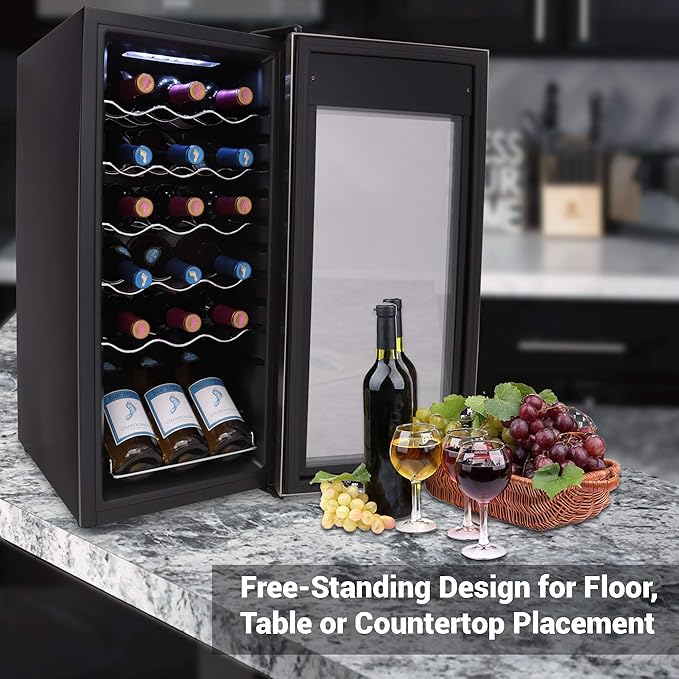 NutriChef PKCWC18 Slim Wine Fridge 18 Bottle Mini Beverage Chiller Adjustable Temp Control, 30x13x17 IN, Black