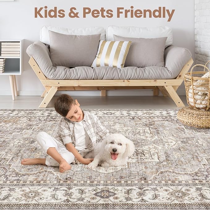 Washable Area Rugs for Living Room - 6x9 Neutral Vintage Distressed Floral Farmhouse Boho Large Soft Floor Rug Indoor Non Slip Carpet for Bedroom Dining Room Office - Grey Brown