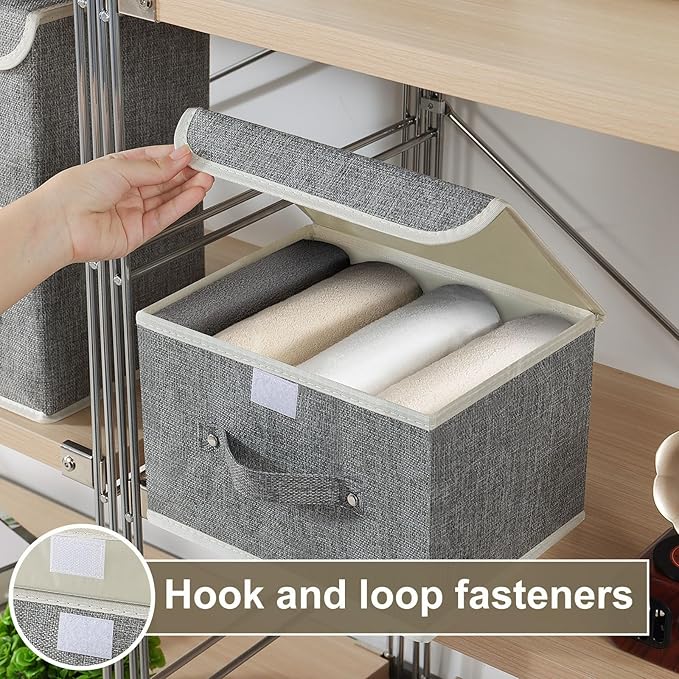 Storage Boxes, Collapsible Storage Bins with Lids, Cotton and linen cloth Storage Baskets with Handle, for Books, Closet, Bedroom, Home, 10.2x7.9x6.7 in, Grey