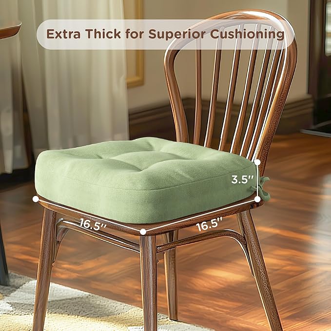 Codi 6 Pack Dining Chair Cushions, Thick Chairs Pads for Indoor Kitchen Room - Washable, Non-Slip Seat Cushion with Ties, 16.5"x16.5"x 3.5", Set of 6, Sage