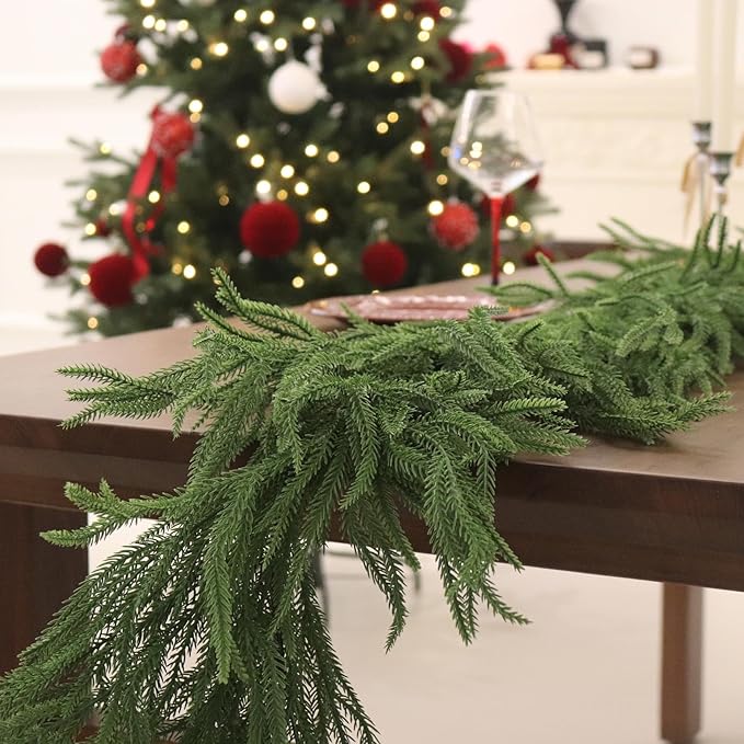 12FT Christmas Garlands Norfolk Pine Garland Real Touch Artificial Faux Greenery Garland for Holiday Indoor Outdoor Decor