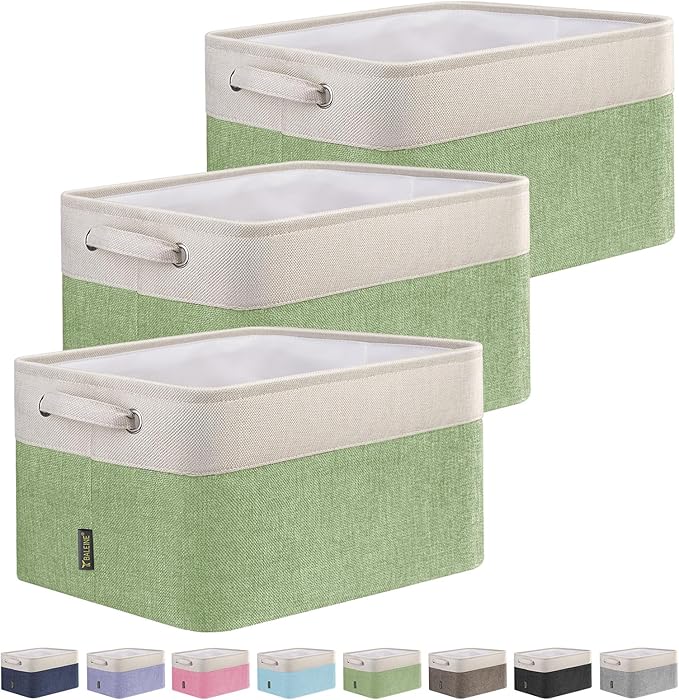 BALEINE 3 Pack Fabric Storage Bins for Shelves, Linen Storage Baskets for Organizing, Decorative Closet Bins for Clothes, Home (Green, 12"x8"x8")