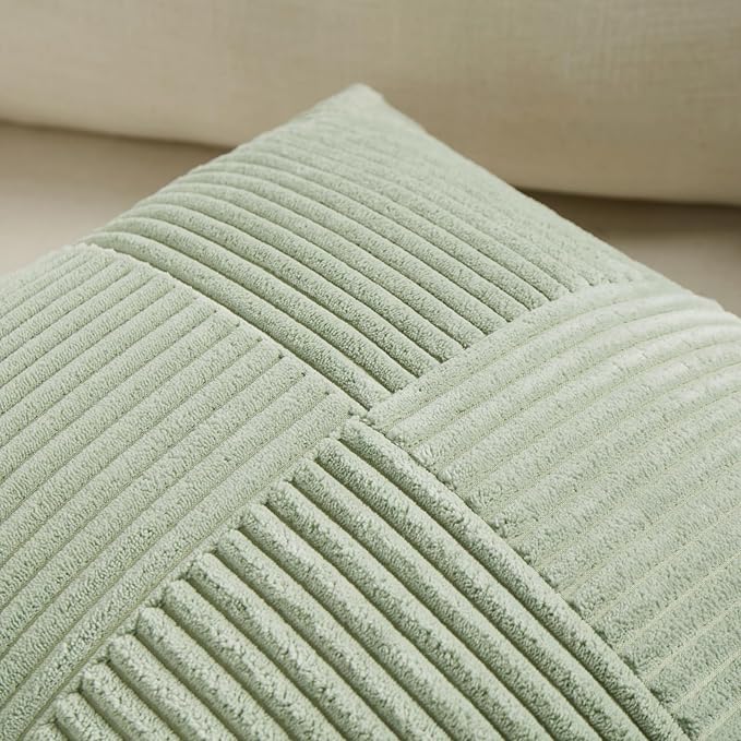 Fancy Homi 2 Packs Sage Green Long Lumbar Decorative Throw Pillow Covers 12x24 Inch for Couch Bed Sofa, Rustic Farmhouse Boho Home Decor, Soft Striped Corduroy Rectangle Accent Cushion Case 30x60 cm
