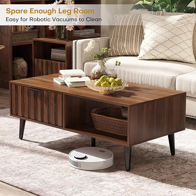 Mid Century Modern Coffee Table with Grooved Drawers & Open Storage, 47" MDF Walnut Wood Center Table with Black Solid Wood Legs, Retro Living Room Furniture