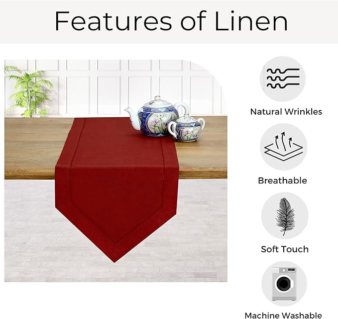 D'Moksha Homes Red Linen Table Runner 120 Inches Long - 100% Pure Linen Diamond Table Runner 14 x 120 Inch for Dining, Fall and Halloween - Machine Washable
