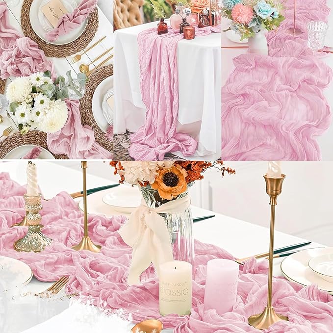 Light Pink Cheesecloth Table Runner 12 Pack 10FT Rustic Gauze Fabric Cheese Cloth Table Runner for Wedding 20 x 120 Inch Long Bridal Baby Shower Table Decorations Boho Sheer Birthday Party Table Decor