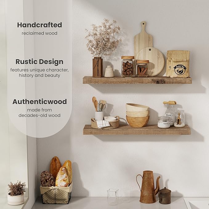 Floating Shelves, 8 Inch Deep Rustic Solid Reclaimed Wood Wall Shelves for Storage, Wall Mounted Display Shelving with Invisible Heavy-Duty Metal Bracket, 30 Inch Width Set of 2, Natural