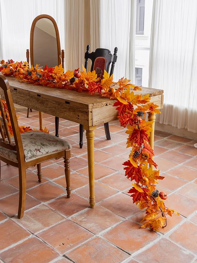 MISSPIN Fall Decor - Fall Garland - 6FT Autumn Maples Leaf Garland for Autumn Decor Hanging Vine for Halloween Thanksgiving Decor Home Wedding Fireplace Party Christmas(Orange)