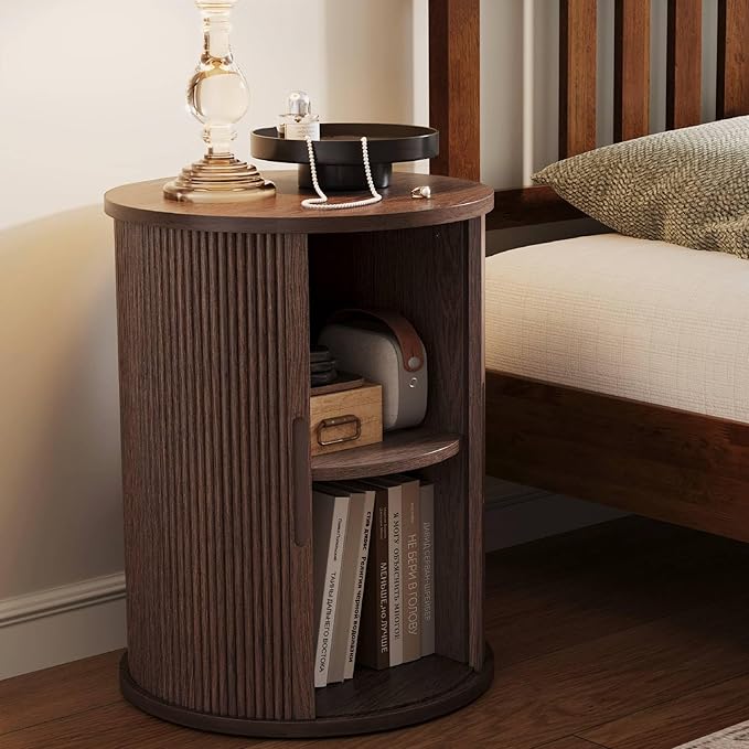 LINSY HOME Round Fluted End Table, Tall Side Table with Sliding Tambour Door and Storage Shelf, Modern Bedside Table, Mid-Century Nightstand for Living Room, Bedroom, Walnut