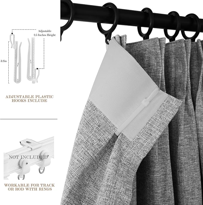 100% Blackout Linen Textured Drapes for Bedroom Pinch Pleated Curtains for Track System Portable Drapery for Sliding Glass Door/Storage/Space Room Divider, 70" Wx102 L, 1 PC, Light Grey