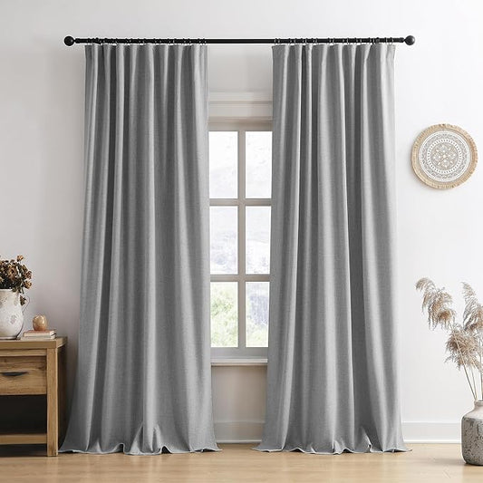 RAIN CITY 102 Inch Long Blackout Curtains 2 Panels Set,70 Inch Wide Back Tab Pleated Curtains with Hooks Track System,Energy Efficinet Linen Blend Drapes for Dining Room Hoom Office 70x102,Grey