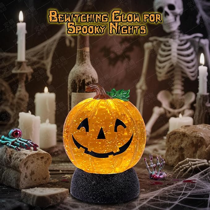 Halloween Snow Globe Lantern Pumpkin Lighted Halloween Snow Globes Battery Operated or USB Powered with 6H Timer Musical Snow Globe Glitter for Spooky Party Home Table Decorations (Pumpkin)
