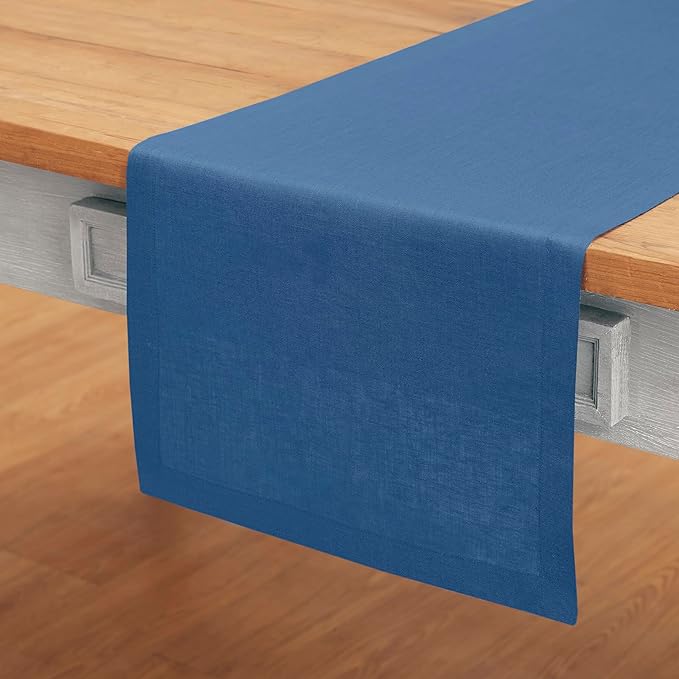 Solino Home Linen Table Runner 90 Inches Long - 100% Pure Linen Indigo Blue Dining Table Runner 14 x 90 Inch for Fall, Autumn, Thanksgiving - Fete