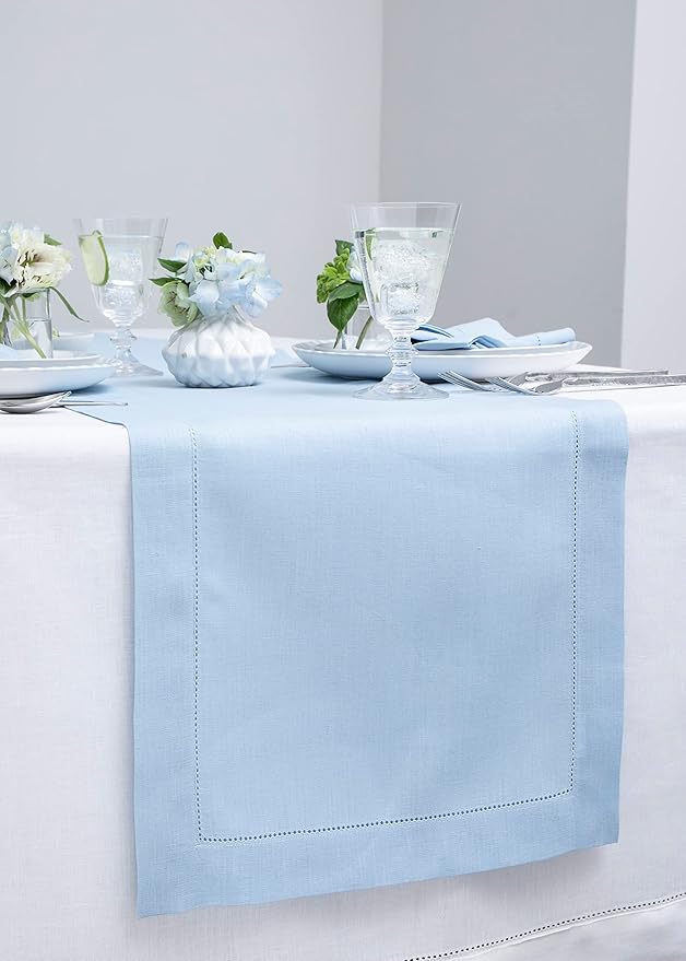Solino Home Linen Sky Blue Table Runner 120 Inches Long - 100% Pure Linen Hemstitch 14 x 120 Inch Table Runner for Dining - Classic Hemstitch