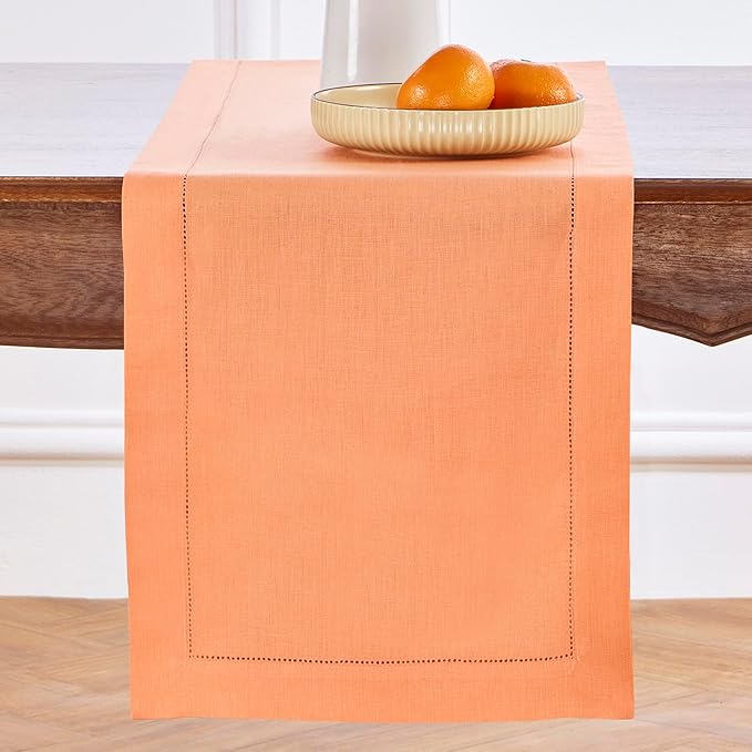 Solino Home Linen Coral Hemstitch Table Runner 48 Inches - 100% Pure Linen Small Table Runner 14 x 48 Inch Ideal for Dresser and Coffee Tables - Classic Hemstitch