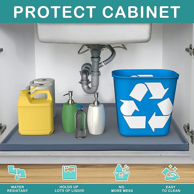 URMONA Waterproof Silicone Under Sink Mat 37'' x 22'' Shelf Liner for Kitchen and Bathroom, Cabinet and Counter Protector, Storage and Organizers, Litter Mat, Pet Cat Puppy Essentials(Black)