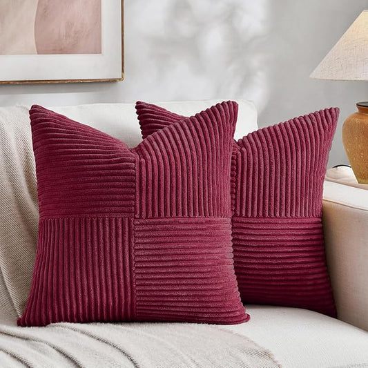 Fancy Homi 2 Packs Burgundy Red Decorative Throw Pillow Covers 16x16 Inch for Living Room Couch Bed, Rustic Farmhouse Boho Home Decor, Soft Corss Patchwork Corduroy Textured Cushion Case 40x40 cm