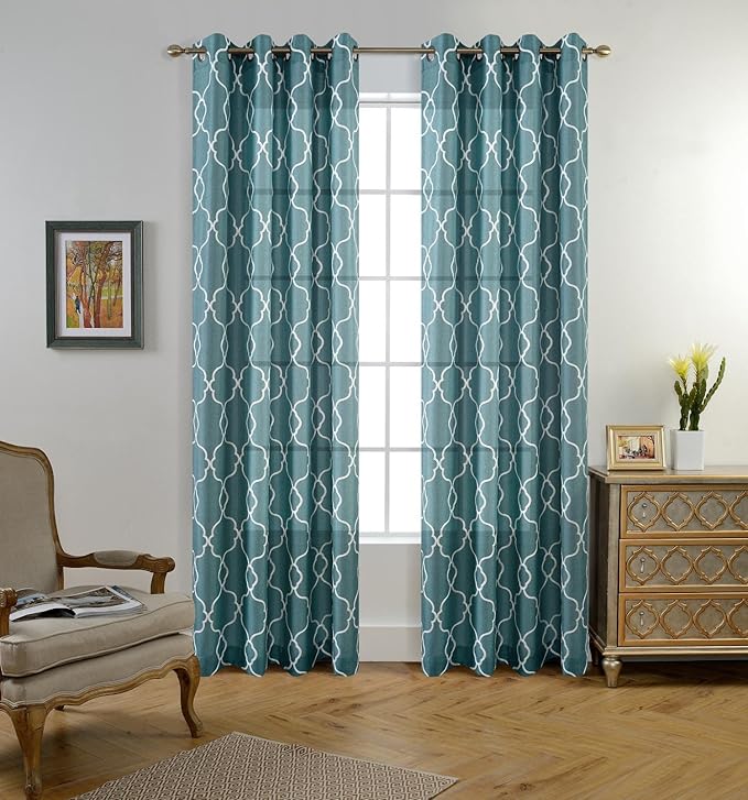 MIUCO Moroccan Embroidered Semi-Sheer Curtains Faux Linen Grommet Curtains for Living Room 52 x 84 Inch 2 Panels Set, Teal