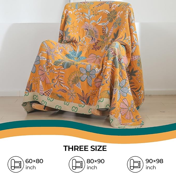 Boho Throw Blankets Reversible Luxurious Cotton Bed Throws with Vintage Bohemian Design & Yellow/Green Lightwight Floral Decor Blanket, Perfect as Bed Sofa Quilt 60" x 80"