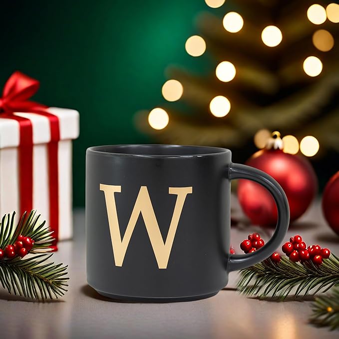 COLLECTIVE HOME - Monogram Ceramic Mugs, 15 oz Golden Initial Black Coffee Cups, Elegant Alphabet Tea Mugs, Elegant Personalized Mug with Gift Box, Unique Mug with Double Side Capital Lette (W)