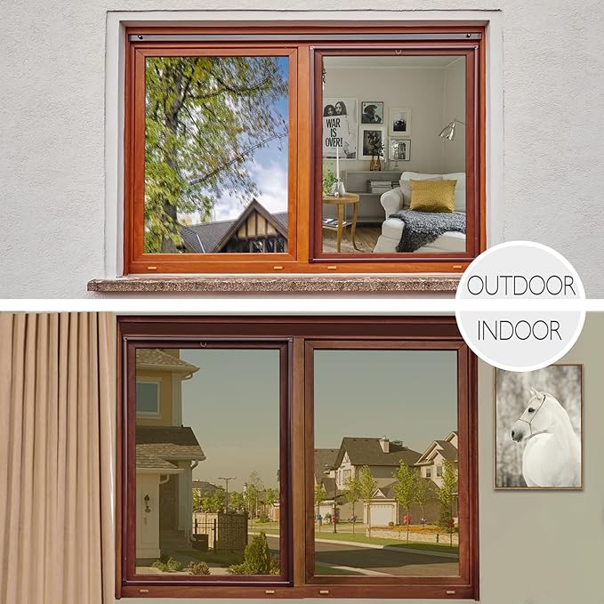 HIDBEA Window Privacy Film Daytime, Heat Control Anti UV Reflective One Way Mirror Window Tint for Home, Non-Adhesive Self Static Cling Window Stickers (Brown-Silver, 17.5 Inch x 6.5 Feet)