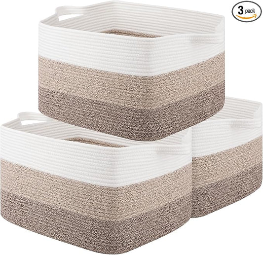 OIAHOMY Rectangle Woven Storage Basket - Nursery Cotton Rope Baskets for Storage, Toy Basket Organizing for Living Room, 17.7"x13.8"x11"- Pack of 3 - Gradient Yellow