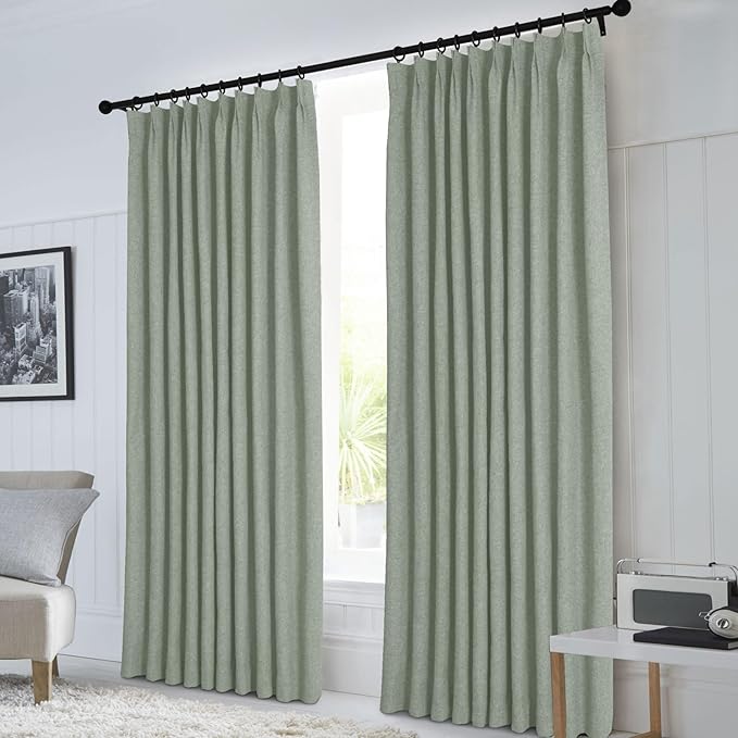 Macochico 100”Wx102”L 100% Blackout Pinch Pleated Linen Curtains for Sliding Door Bedroom Living Room Farmhouse Thermal Insulated Fog Green Burlap Drapes with Tieback 1 Panel Shabby Chic Style