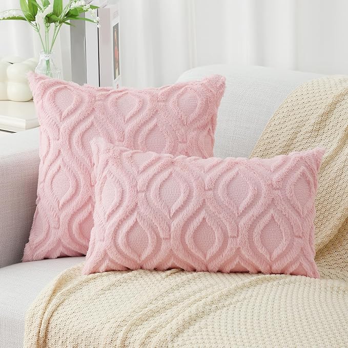 decorUhome Throw Pillow Covers 22x22 Inch Set of 2, Soft Plush Decorative Faux Fur Light Pink Solid Couch Pillow Covers, Accent Farmhouse Neutral Square Euro Pillow Cases for Sofa Bed Living Room