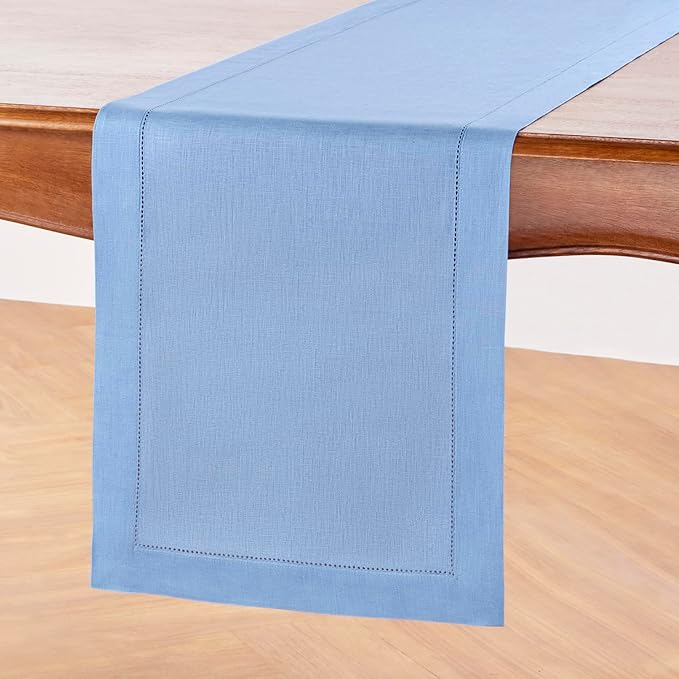 Solino Home Linen Cornflower Blue Hemstitch Table Runner 48 Inches - 100% Pure Linen Small Table Runner 14 x 48 Inch Ideal for Dresser and Coffee Tables - Classic Hemstitch