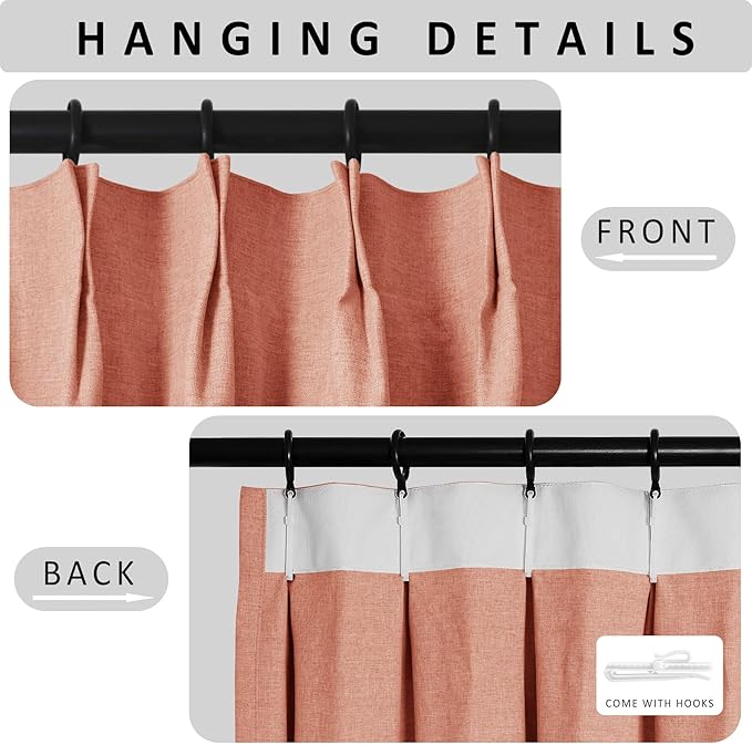 Macochico 100% Blackout Pinch Pleated Linen Curtains 84 Inch Length Thermal Blackout Curtains for Bedroom Living Room Nursery Orange Farmhouse Burlap Curtains with Tieback 52”Wx84”L 1 Panel