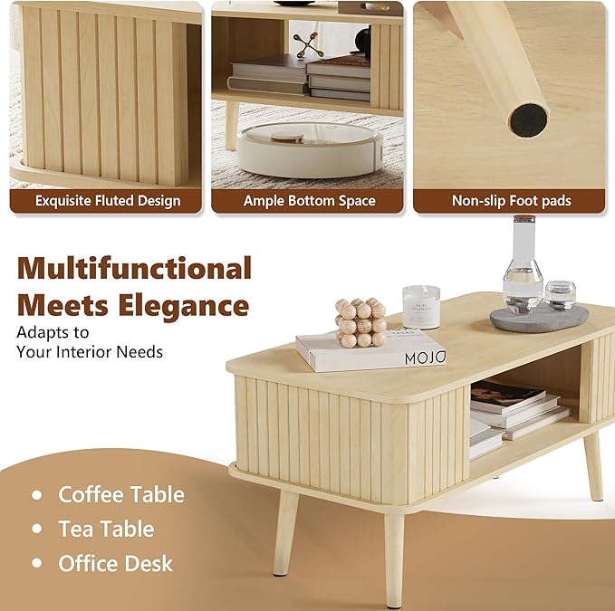 LAZZO Coffee Table with Storage Center Table for Living Room Rectangle Coffee Table with Rounded Edges,Easy Assembly, Natural Wood