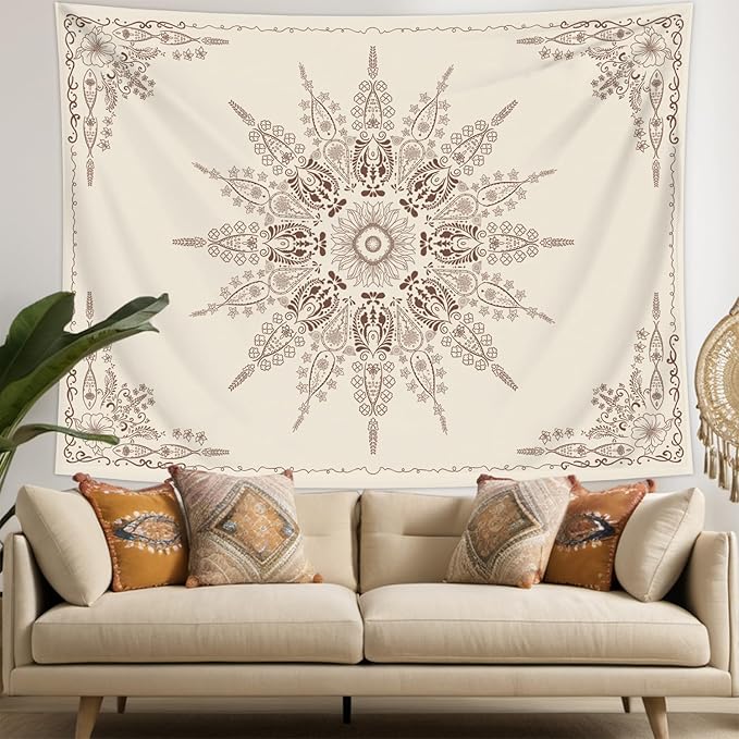 FORATER Floral Bohemian Tapestry, Flower Aesthetic Indian Wall Hanging Boho Tapestries Mandala Room Decor Tapestry for Bedroom Living Room Dorm (Flaxen, 82L x 61W)