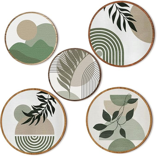 Qunclay 5 Pcs Wall Art Decor Wooden Living Room Wall Decor Bohemian Hanging Farmhouse Geometric 10'' and 8'' Aesthetic Wood Minimalist Posters for Bedroom(Greenery)