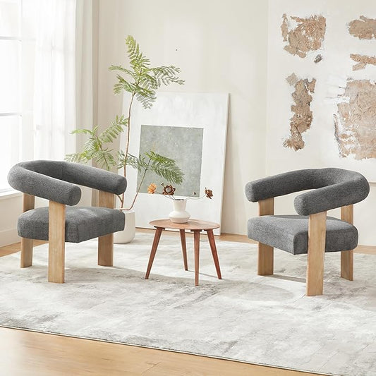 VKNOW Accent Chair Living Room Chair Set of 2, Modern Upholstered Armchair with Solid Wood Legs, Comfy Barrel Arm Chairs for Living Room Bedroom, Dark Grey