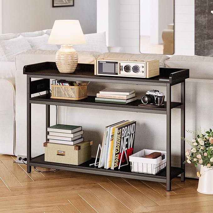 IRONCK Console Table, Sofa Table with Power Outlet, Farmhouse Hallway Table for Entryway, Living Room, Height Adjustable, Easy Assembly, Vintage Black, 43"
