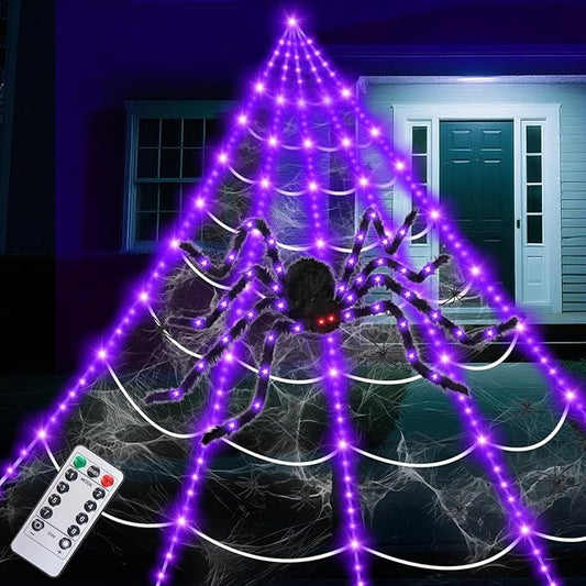 16.4 X 15.8Ft Giant Spider Web Halloween Decorations with 250 LED Lights, Halloween Spider Web Outdoor with 5Ft Large Spider, 3.53 Oz Stretch Web and 20 Small Spiders for Yard House Party Decoration